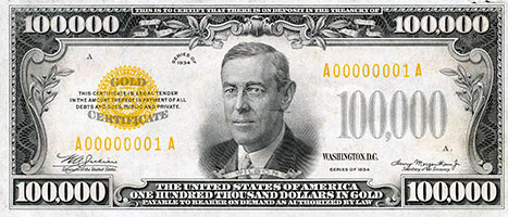 Woodrow Wilson on the $100,000 Bill